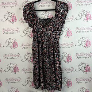 NOBO dress smocked puff sleeves milkmaid style Black and Pink Patterned Dress